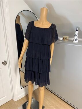 Frank Lyman Design Navy Tiered Pleated Midi Dress